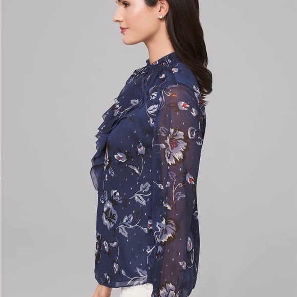 WHBM blue silver floral chiffon top M 10 - Picture 2 of 7